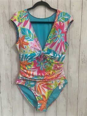 Bleu Rod Beattie Tropical Print One-Piece Swimsuit Size 12 Lined Shirred V- Neck